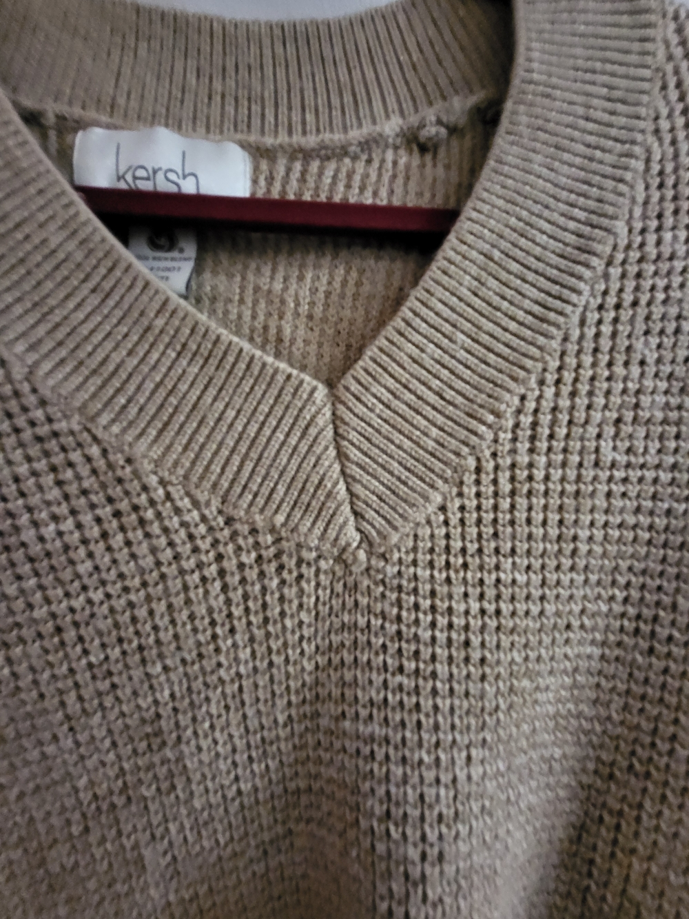 Kersh Waffle Knit V-Neck Sweater Tan Beige Merino Wool Blend Medium - Picture 2 of 5